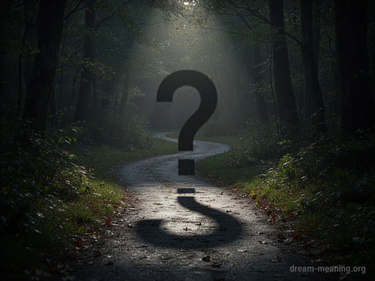 A winding path leading towards a large question mark in dim lighting.