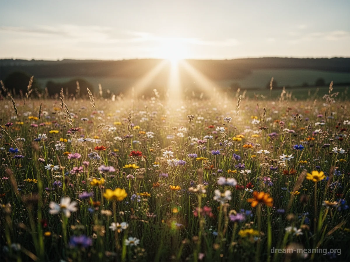 A bright sunbeam shining down on a field of colorful wildflowers.