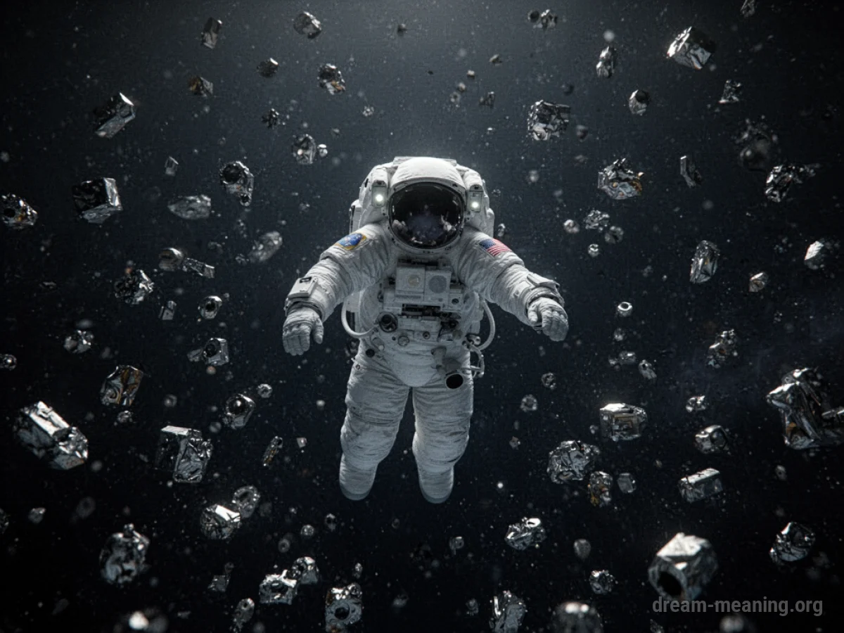 An astronaut adrift in space with small pieces of debris floating nearby.