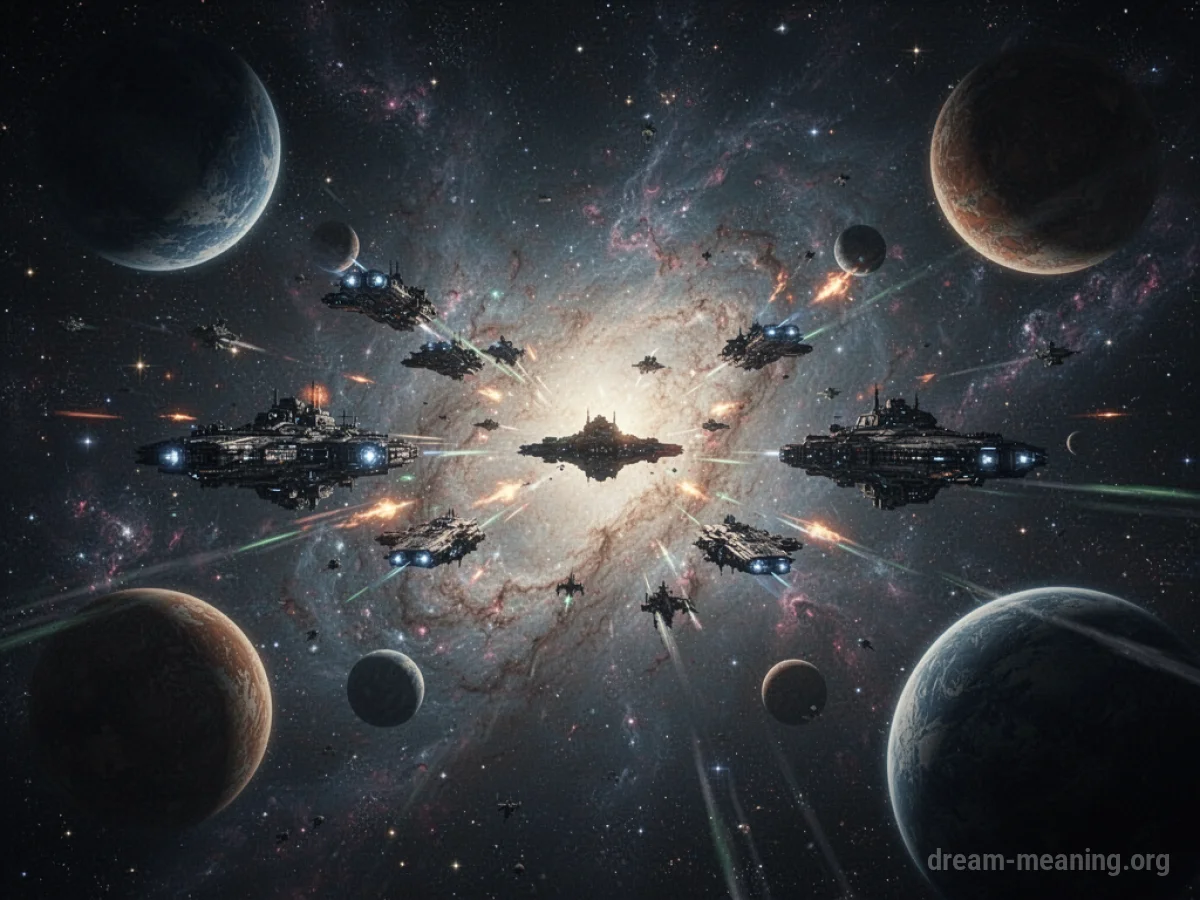 Silhouettes of spaceships firing lasers in the vastness of space.