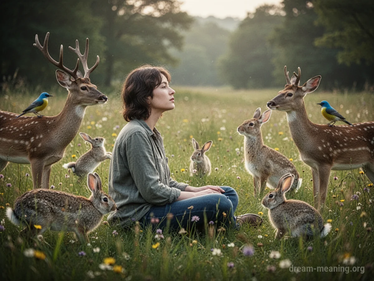 A person sitting in a field with several animals nearby.