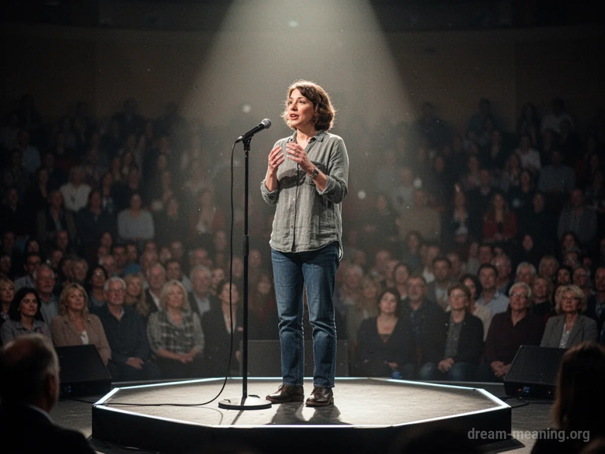 A person speaking into a microphone on a stage.