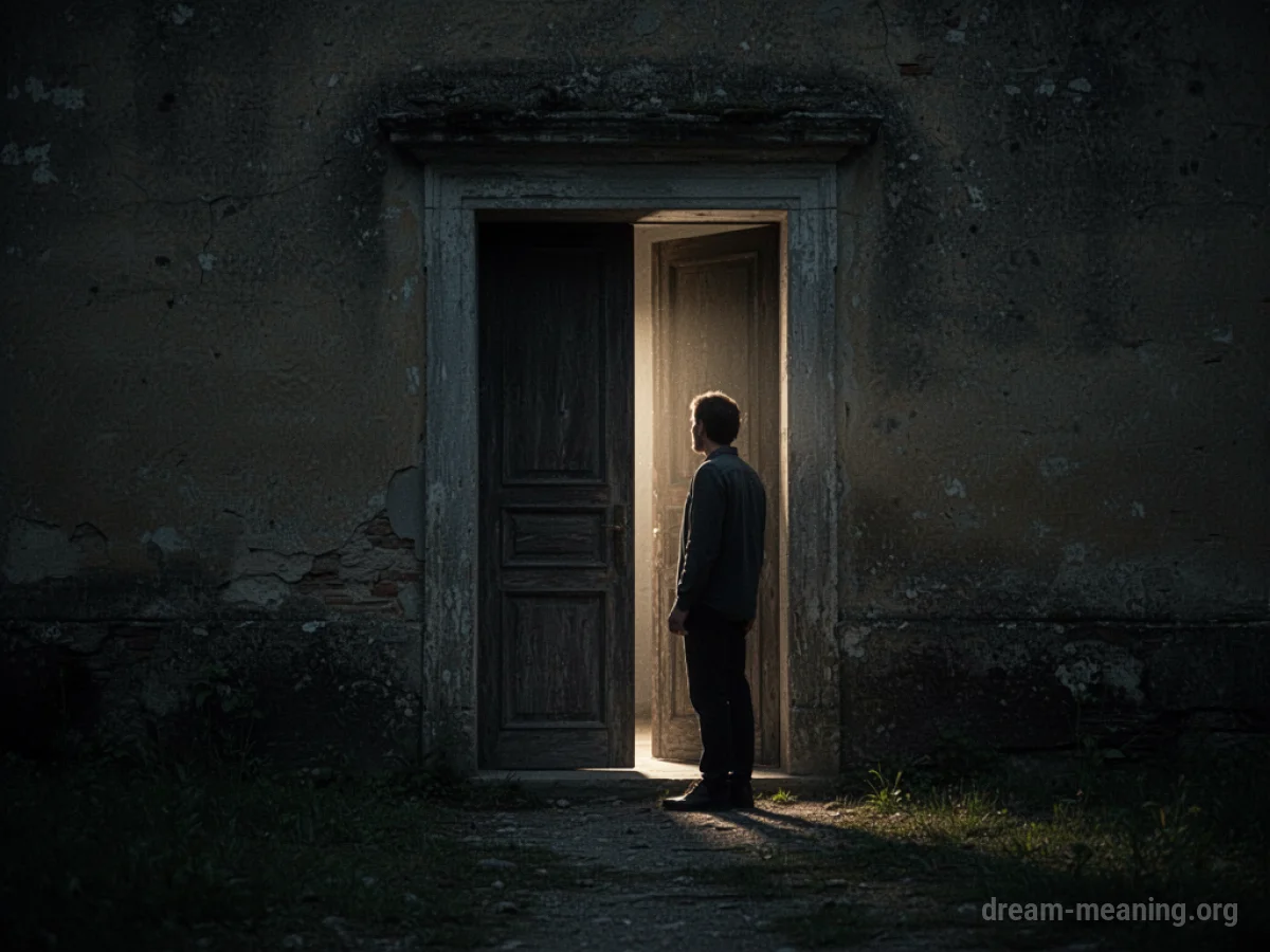 A silhouetted figure stands before a dimly lit doorway.