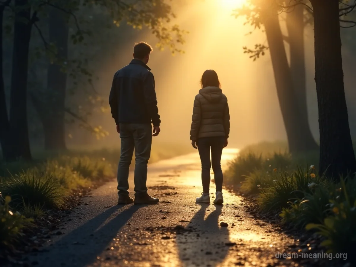 A person facing another figure on a distant path.