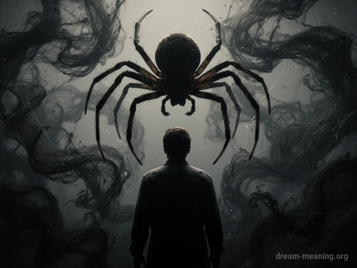 Silhouette of a large spider casting a shadow over a smaller human figure.