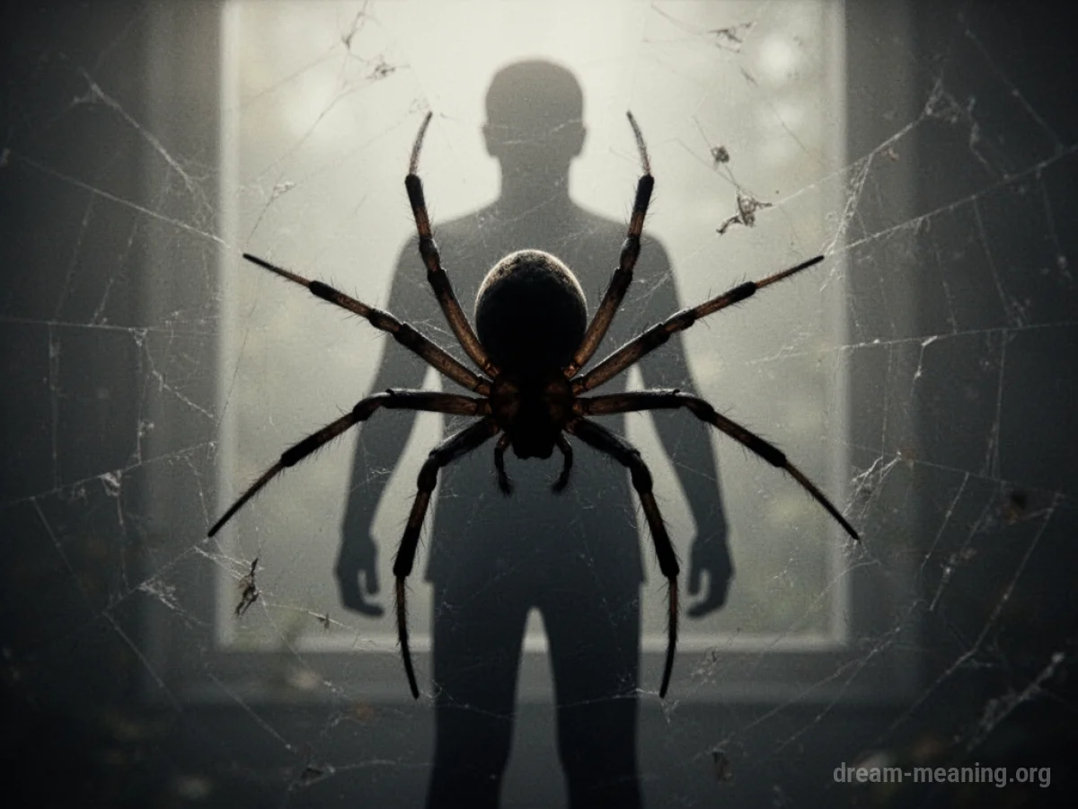 Silhouette of a spider with its legs extended towards a human silhouette.