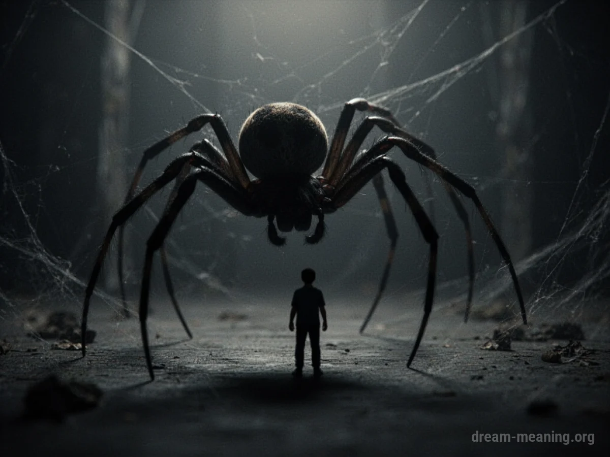 A spider silhouette approaching a human silhouette.