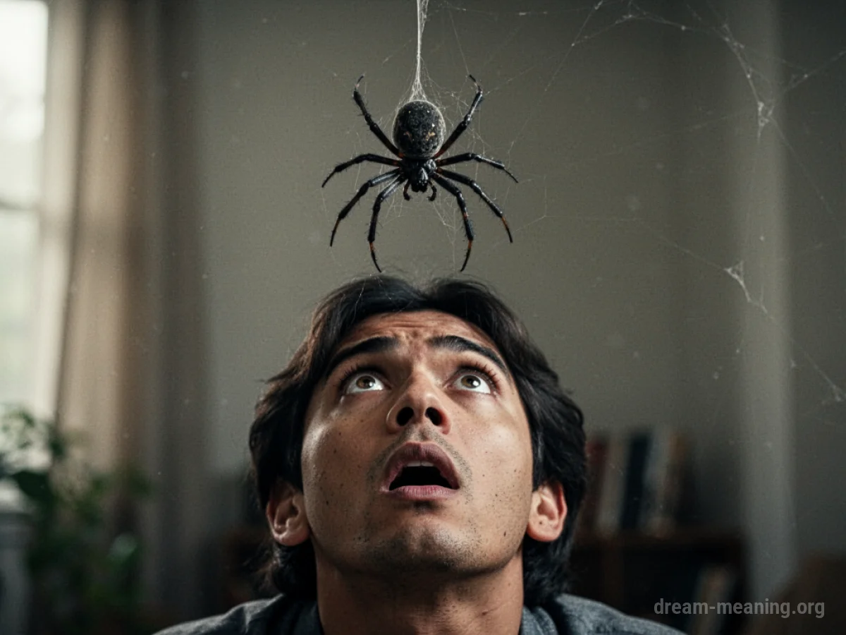 A person looking up in surprise as a spider descends from above.
