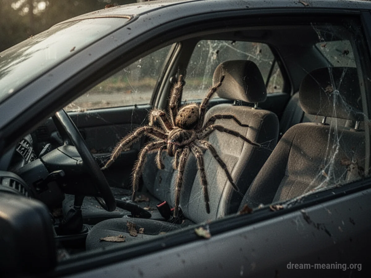 A spider sits on the steering wheel inside a car.