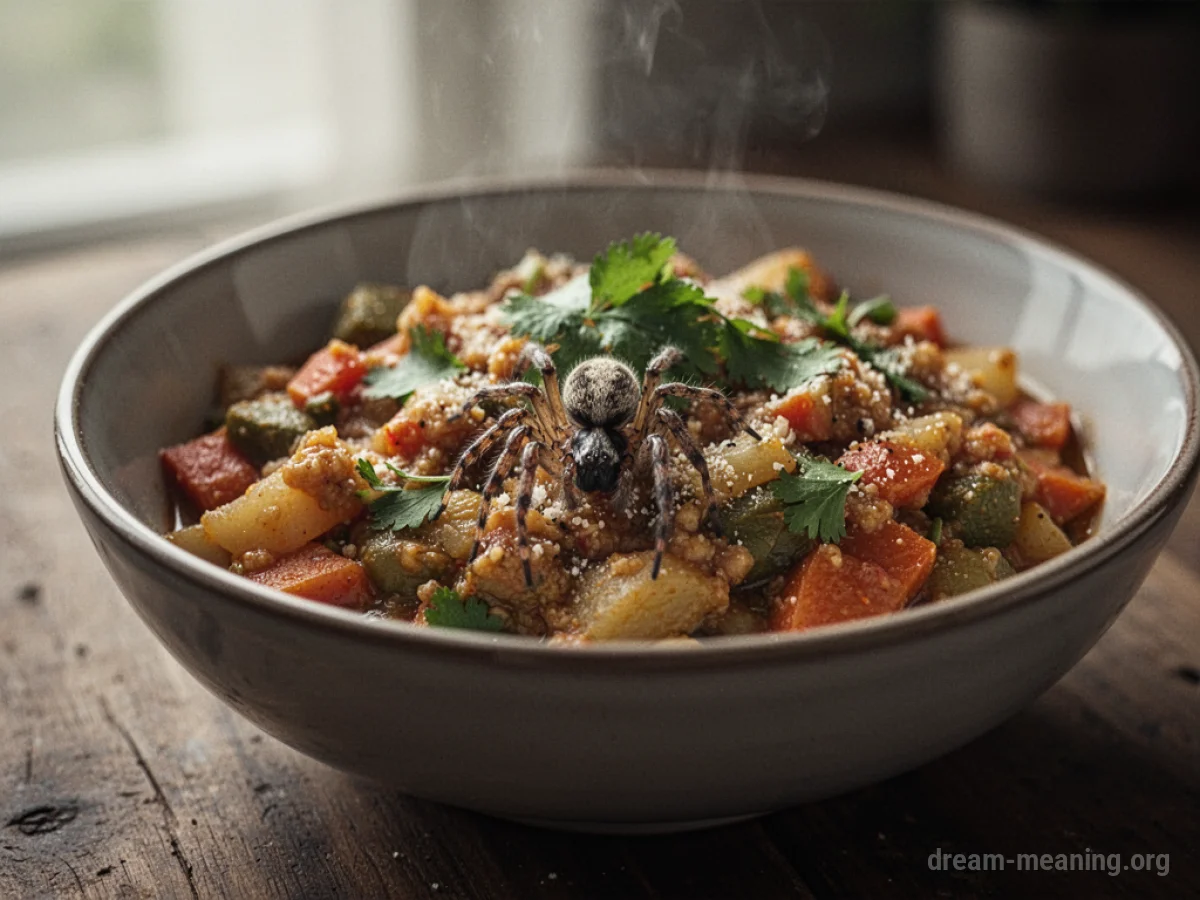 A spider is partially hidden in a dish of food.