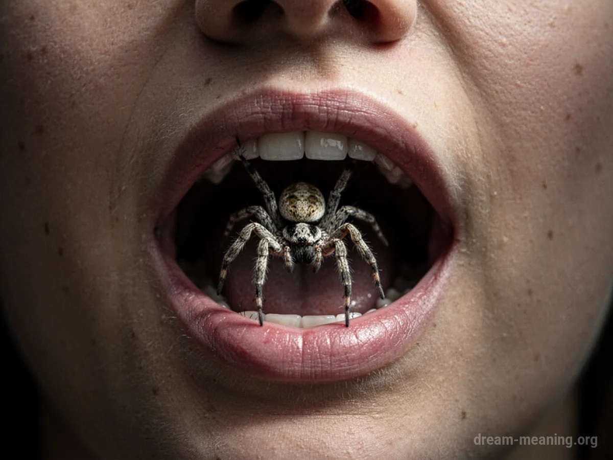A dark silhouette of a spider near the opening of a mouth.