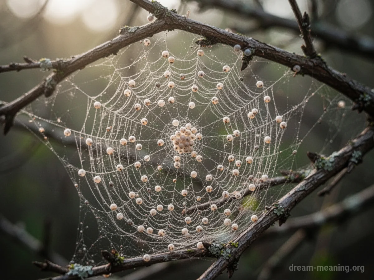A spider web containing several small, oval eggs.