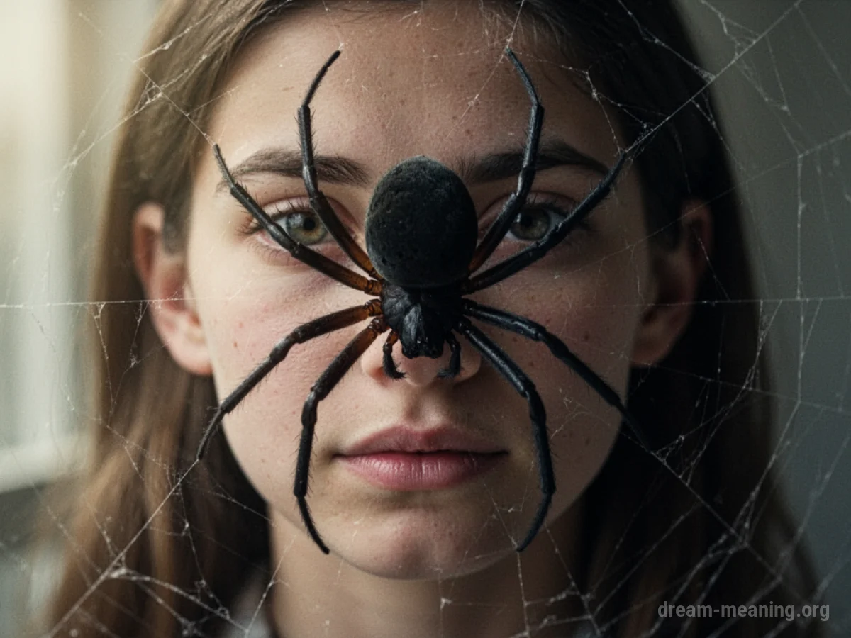 A dark spider shape hovering near a person's facial features.