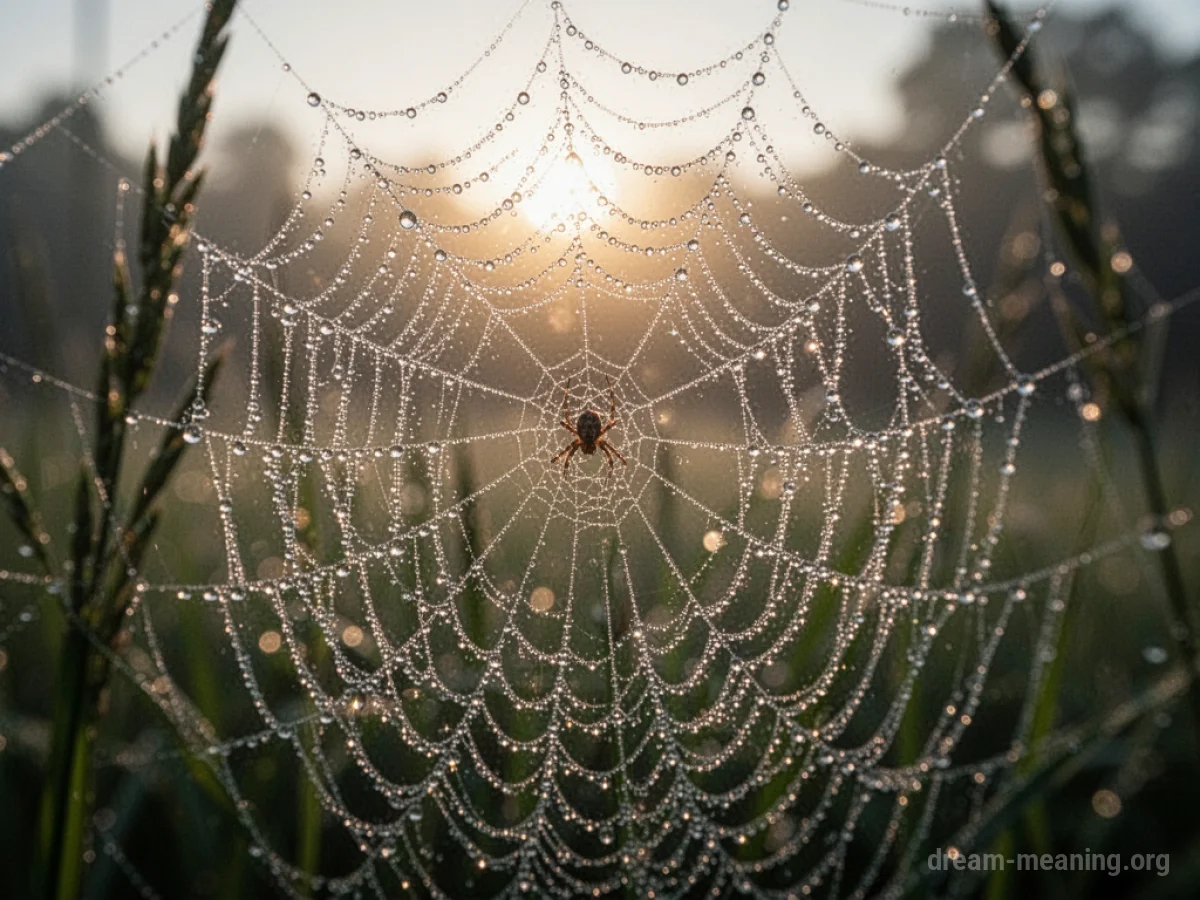 A spider web glistening with dew in the sunlight.