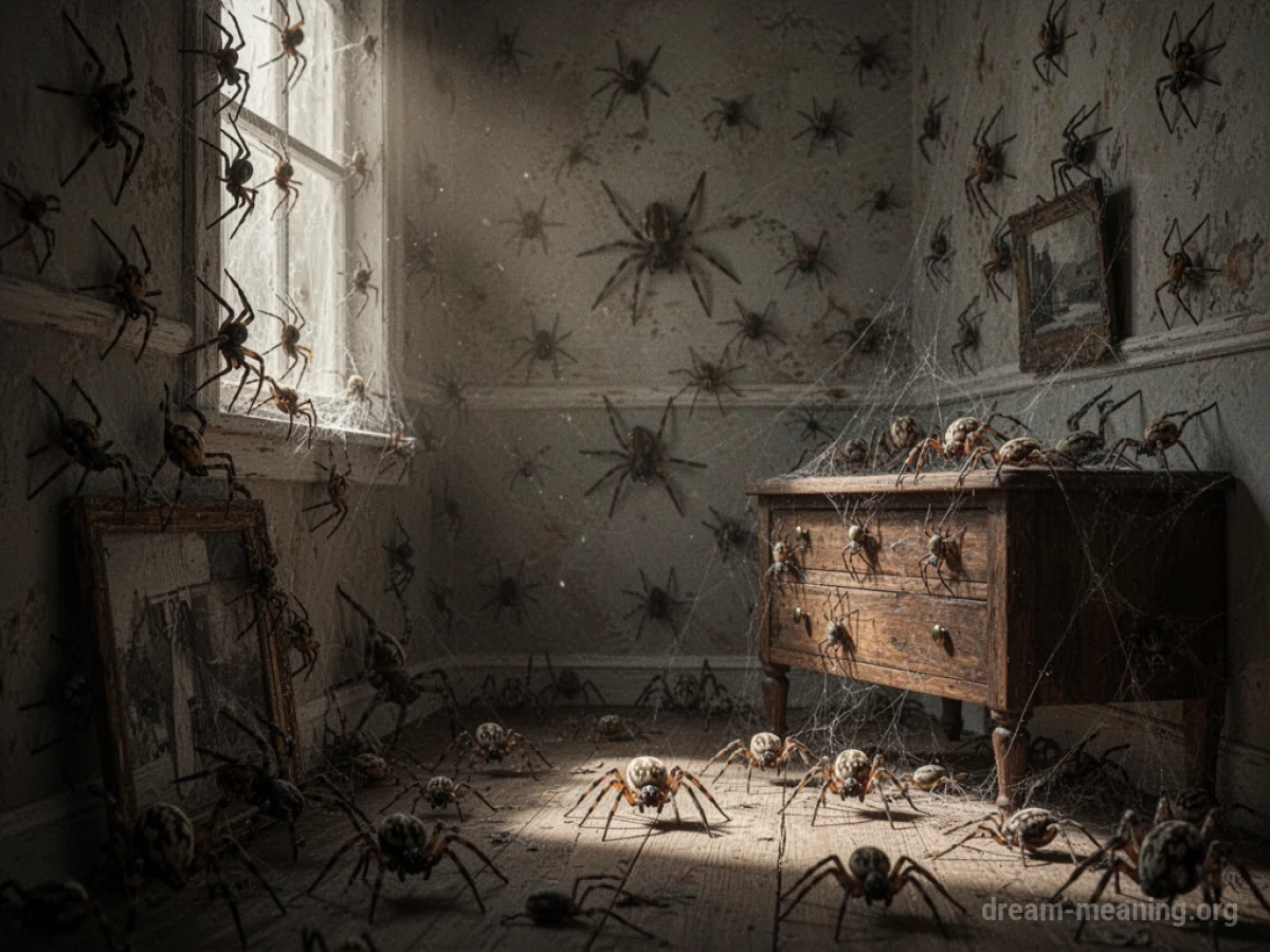 Many spiders covering the surfaces of a room.