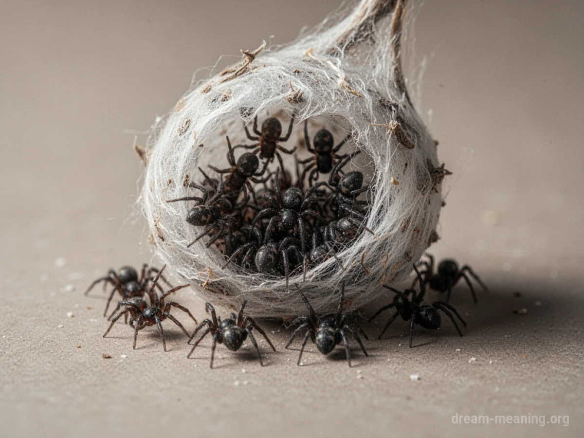 A group of tiny spiders emerging from a sac.