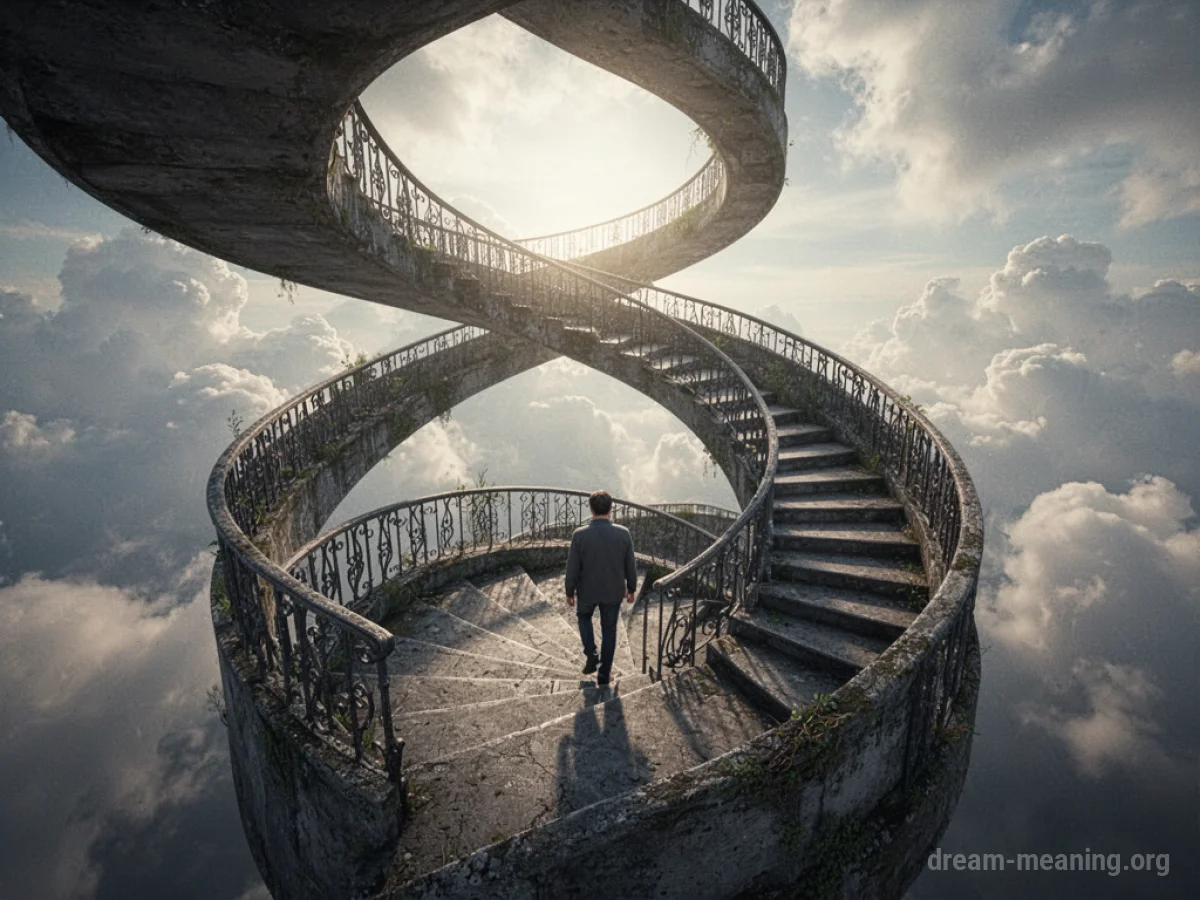 A person walking up a winding staircase towards a bright sky.