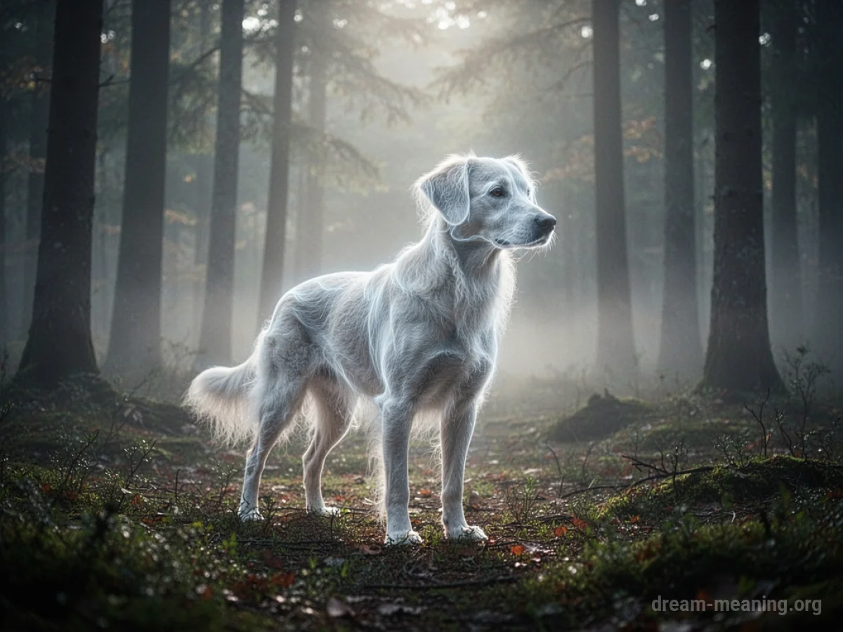 An outline of a dog made of faint light in a dimly lit forest.