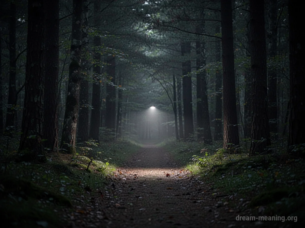 A faint light shines on a path in a dark forest.
