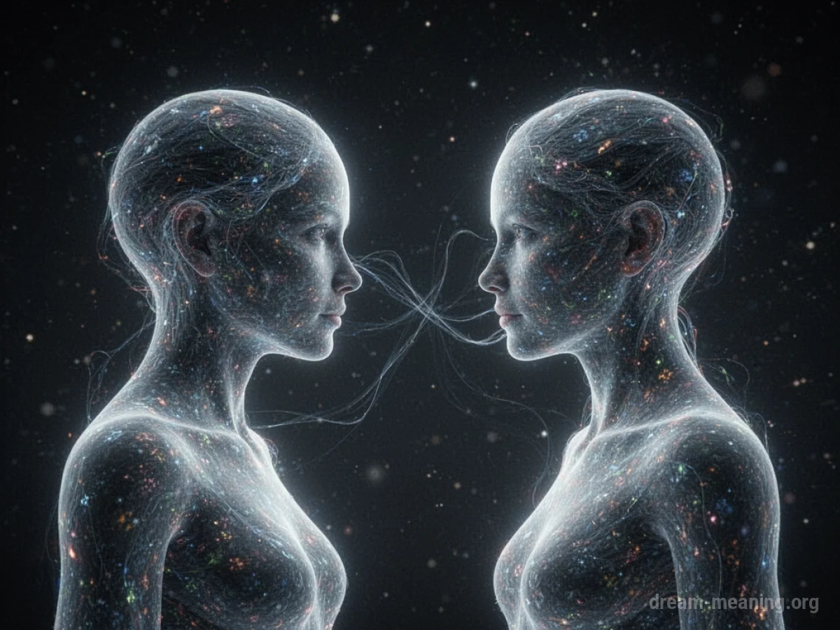 Two abstract figures facing each other with faint light connecting them.