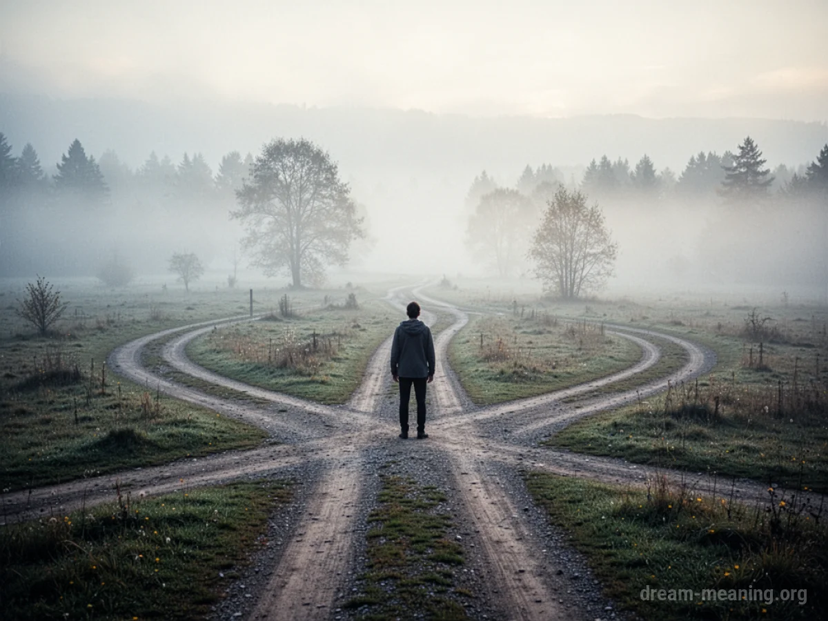 A person stands at a crossroads with several paths stretching out before them into a hazy distance.