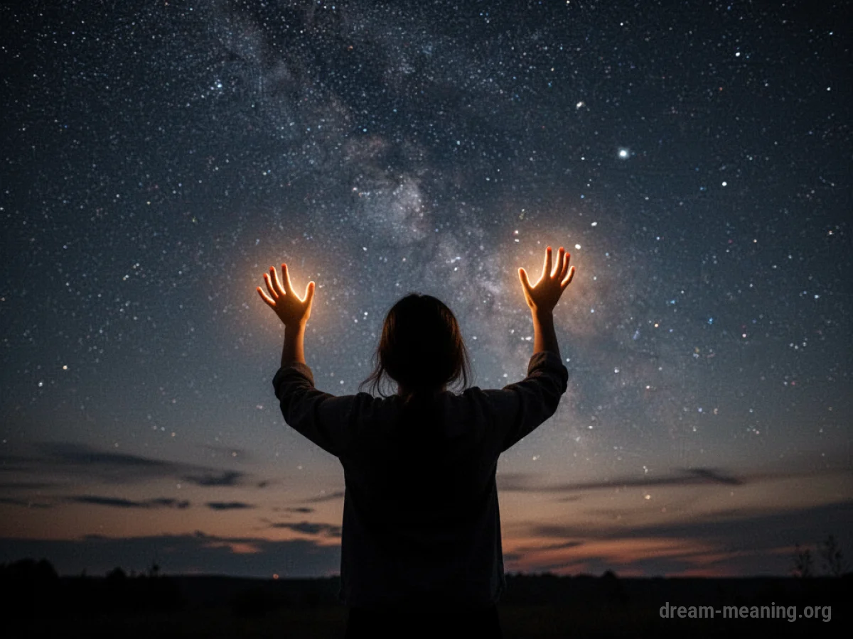 Silhouette of a person's hands glowing against a starry night sky.