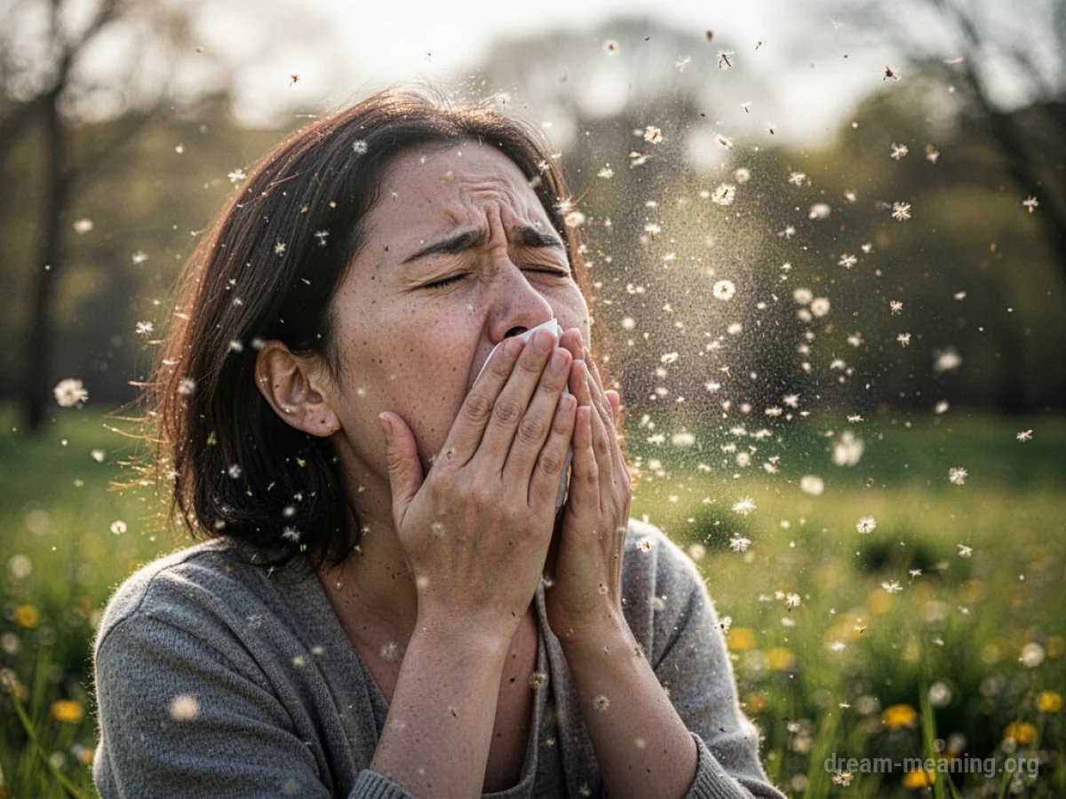A person outdoors with flowers and pollen in the air, looking uncomfortable.