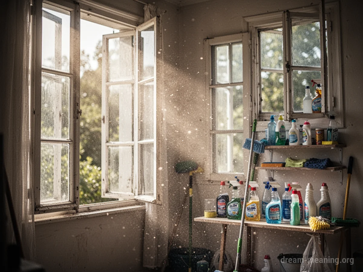 A sunlit room with open windows and cleaning supplies.