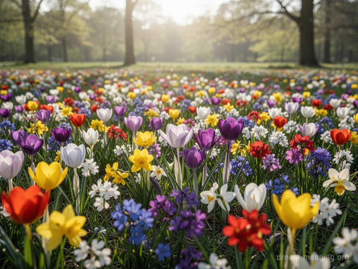 A field of colorful spring flowers in bloom.