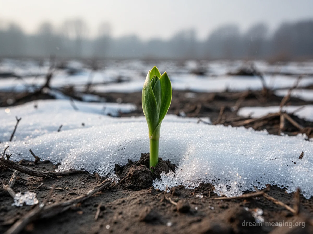 A small green plant emerging from snow in a winter setting.