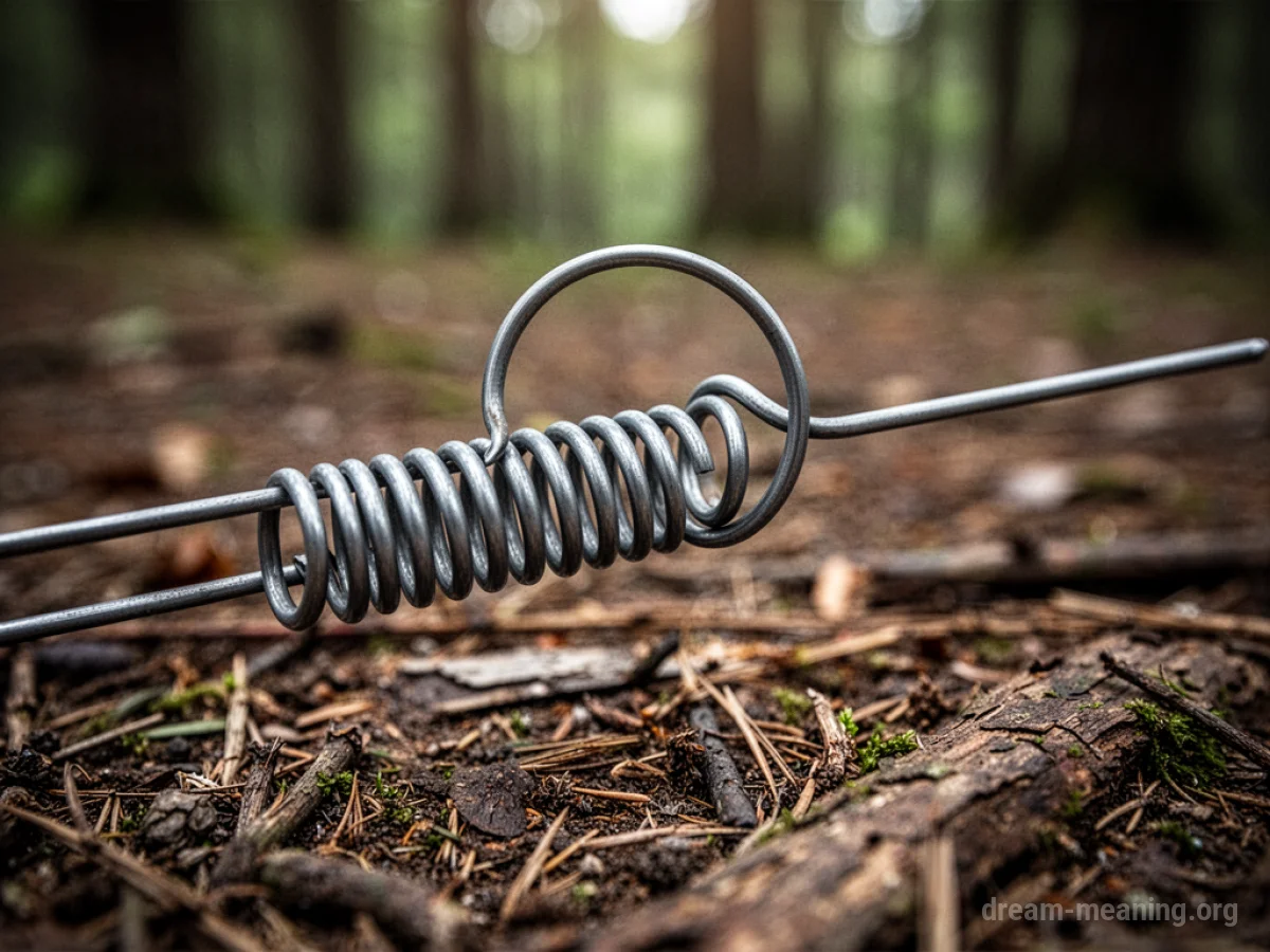 A close-up view of a metal spring mechanism with a wire loop.