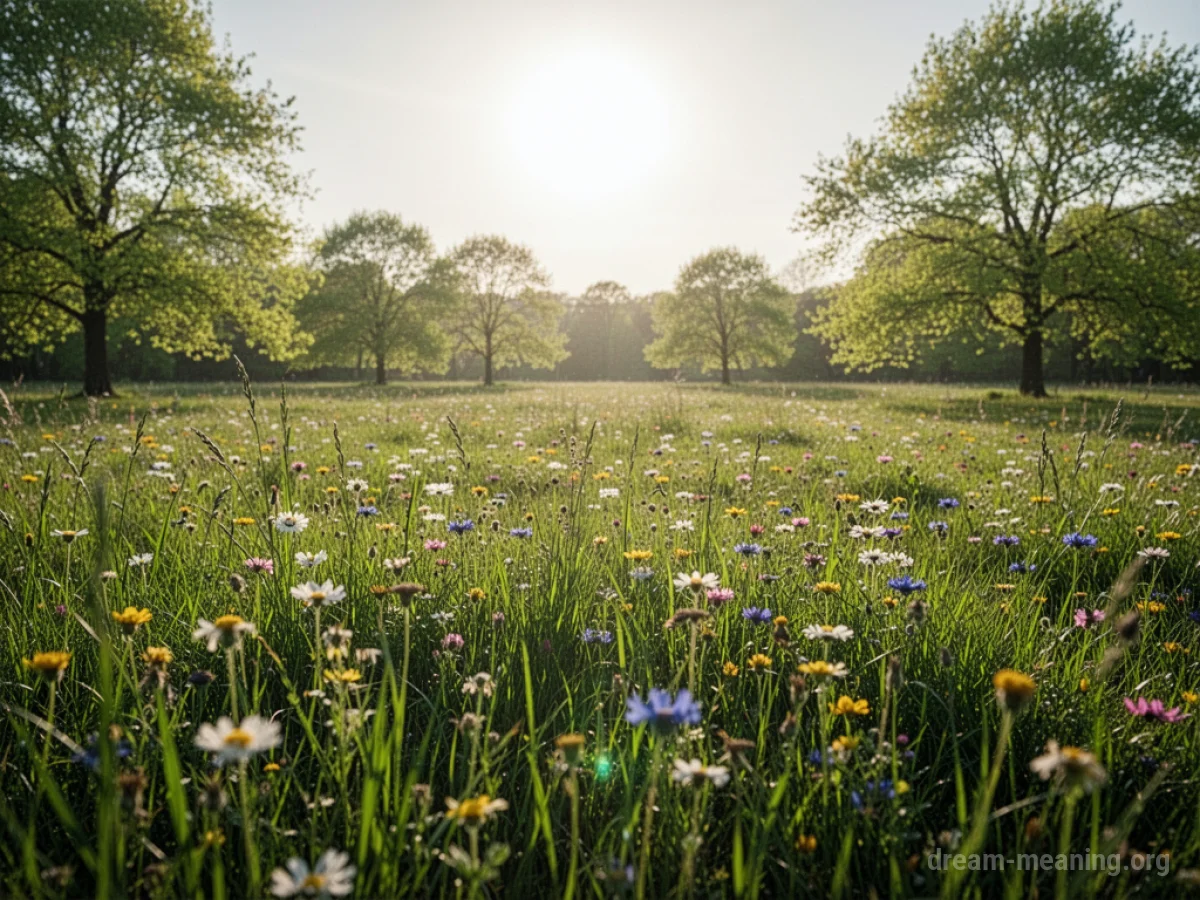 A sunny meadow with green grass and flowers, transitioning from early growth to fuller bloom.