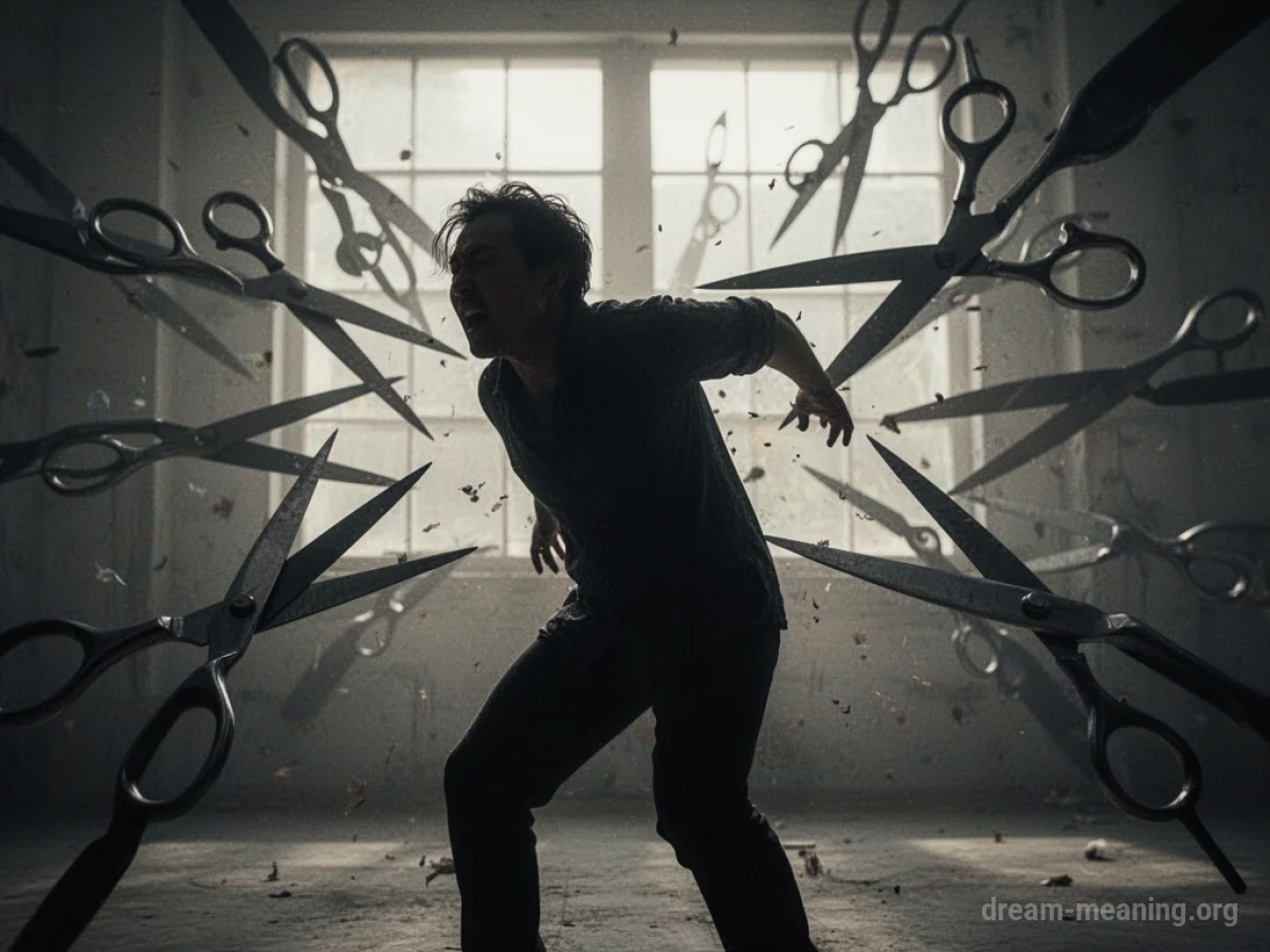 A shadowy figure facing away from menacing, abstract scissor shapes.