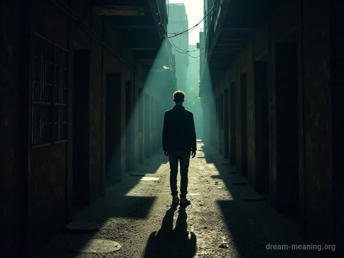 A dark, indistinct figure is seen from behind, with a faint glint of something sharp.