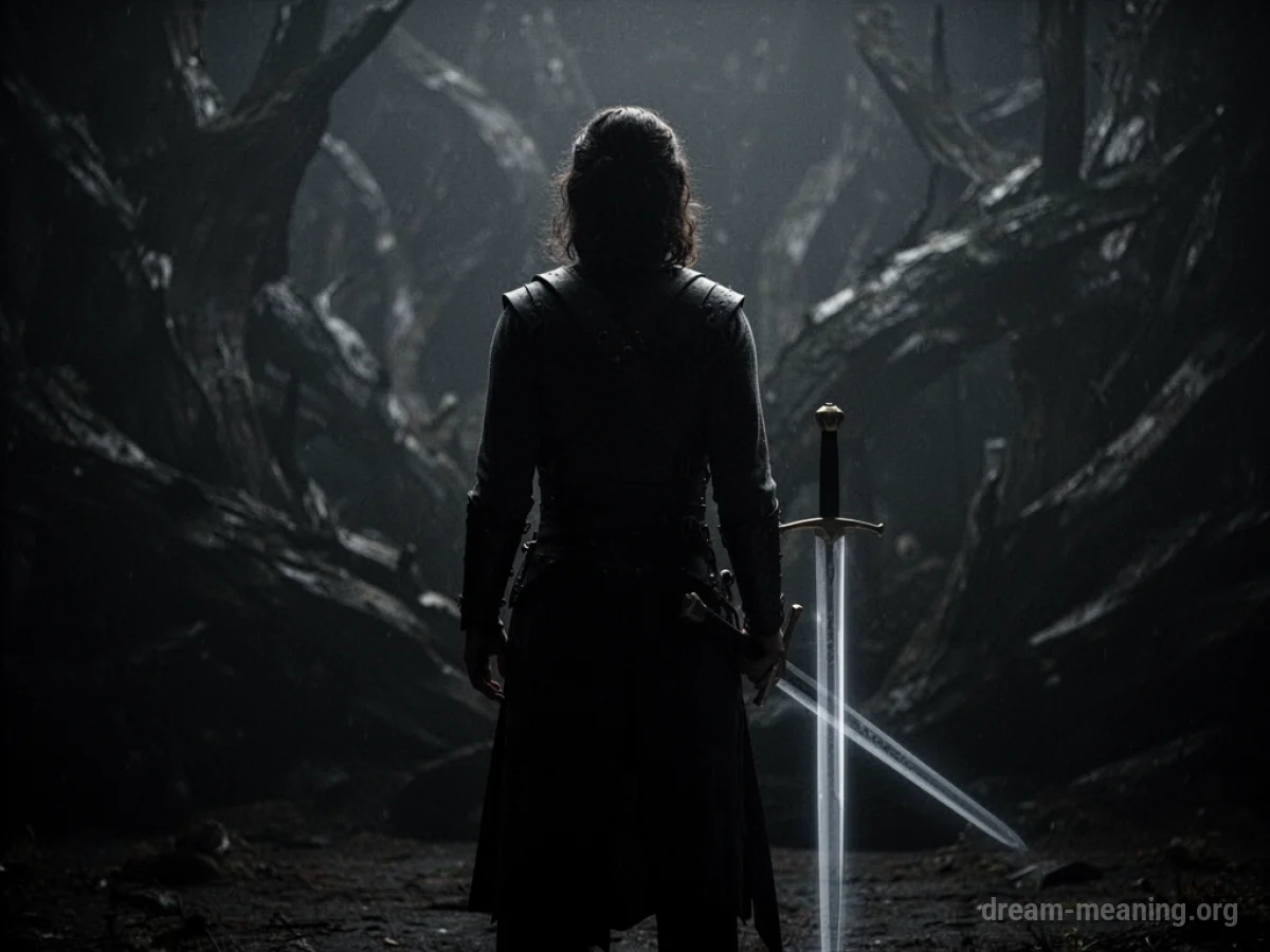 Silhouette of a person with a faint sword outline nearby on a dark background.