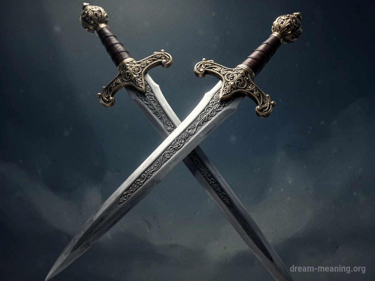 A single, ornate sword angled downwards against a dark, blurred background.