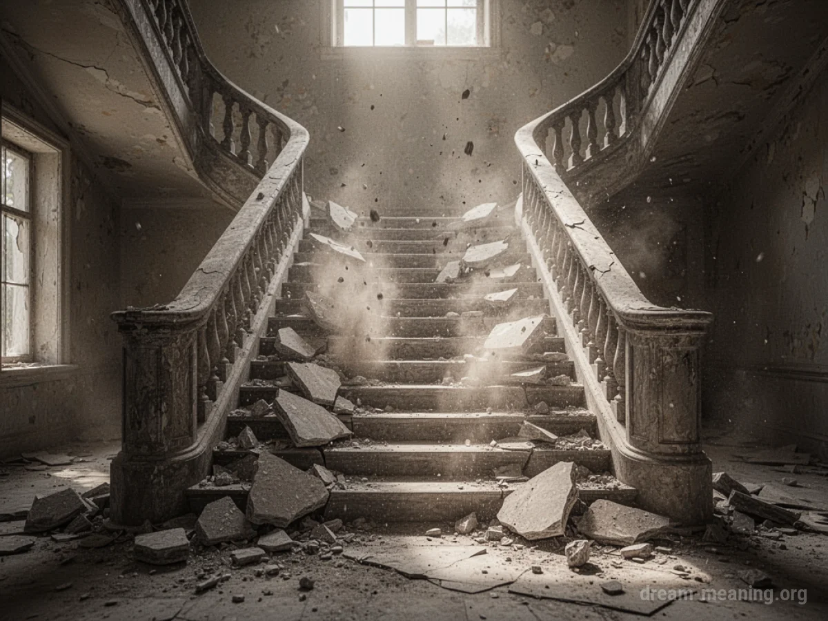 A stone staircase breaking into pieces.