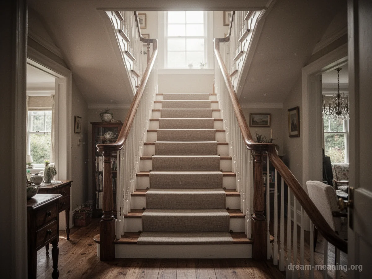 An interior view of a wooden staircase in a house.