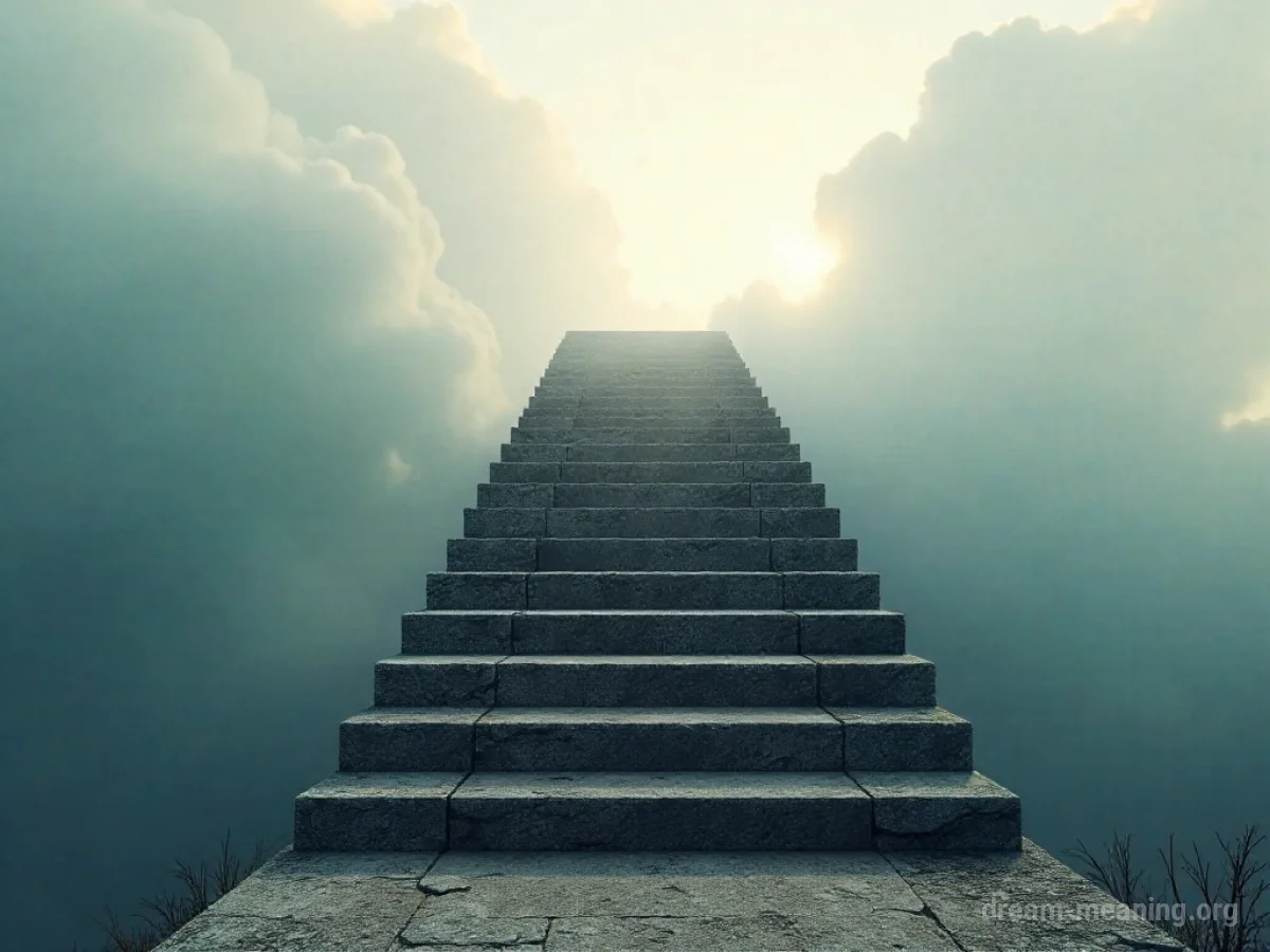 A staircase rising into a blank, empty sky.