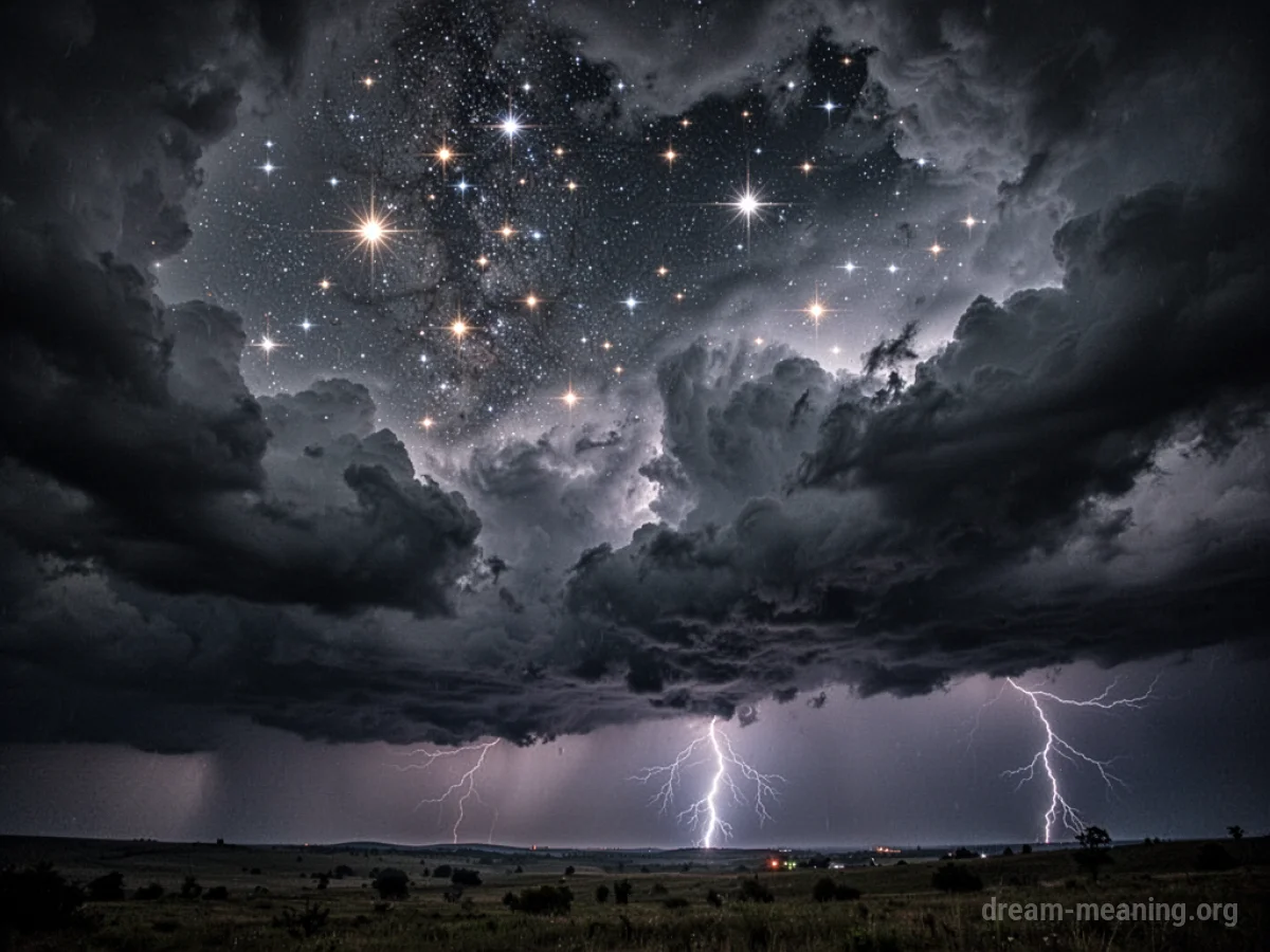 Stars shining through dark storm clouds.