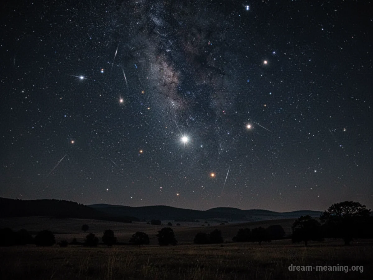 Distant stars falling from the night sky towards a dark horizon.