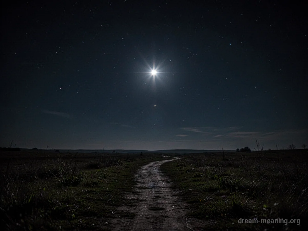 A bright star shining down on a path in darkness.