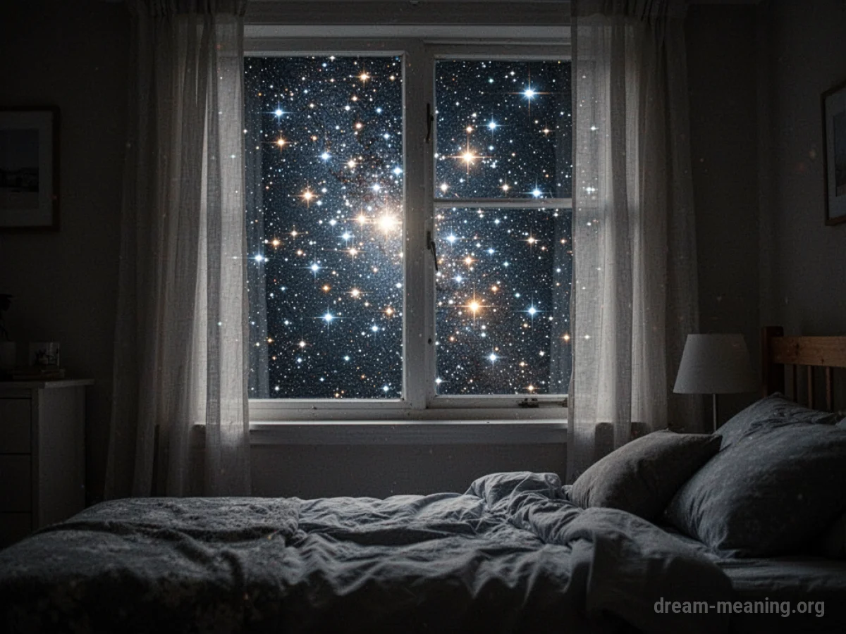 Bright stars visible through a bedroom window.