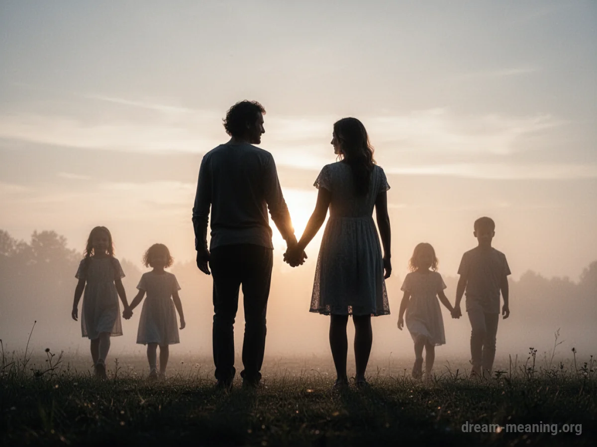 Silhouettes of two adults and two children walking towards a sunrise.