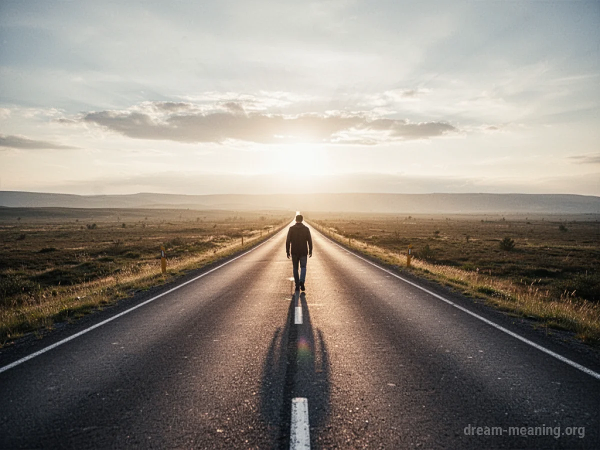 A road disappearing into the distance with a single person walking on it.