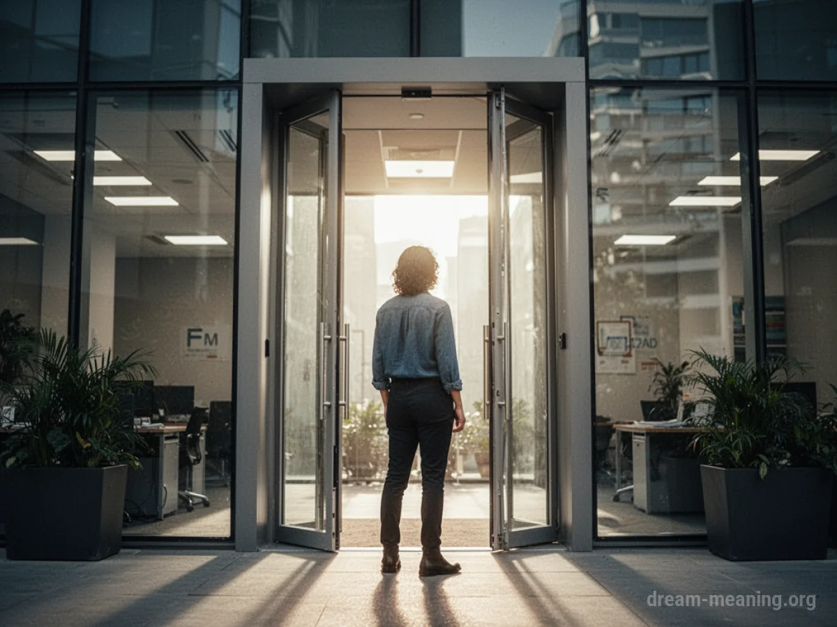Person standing at the entrance of an office building.