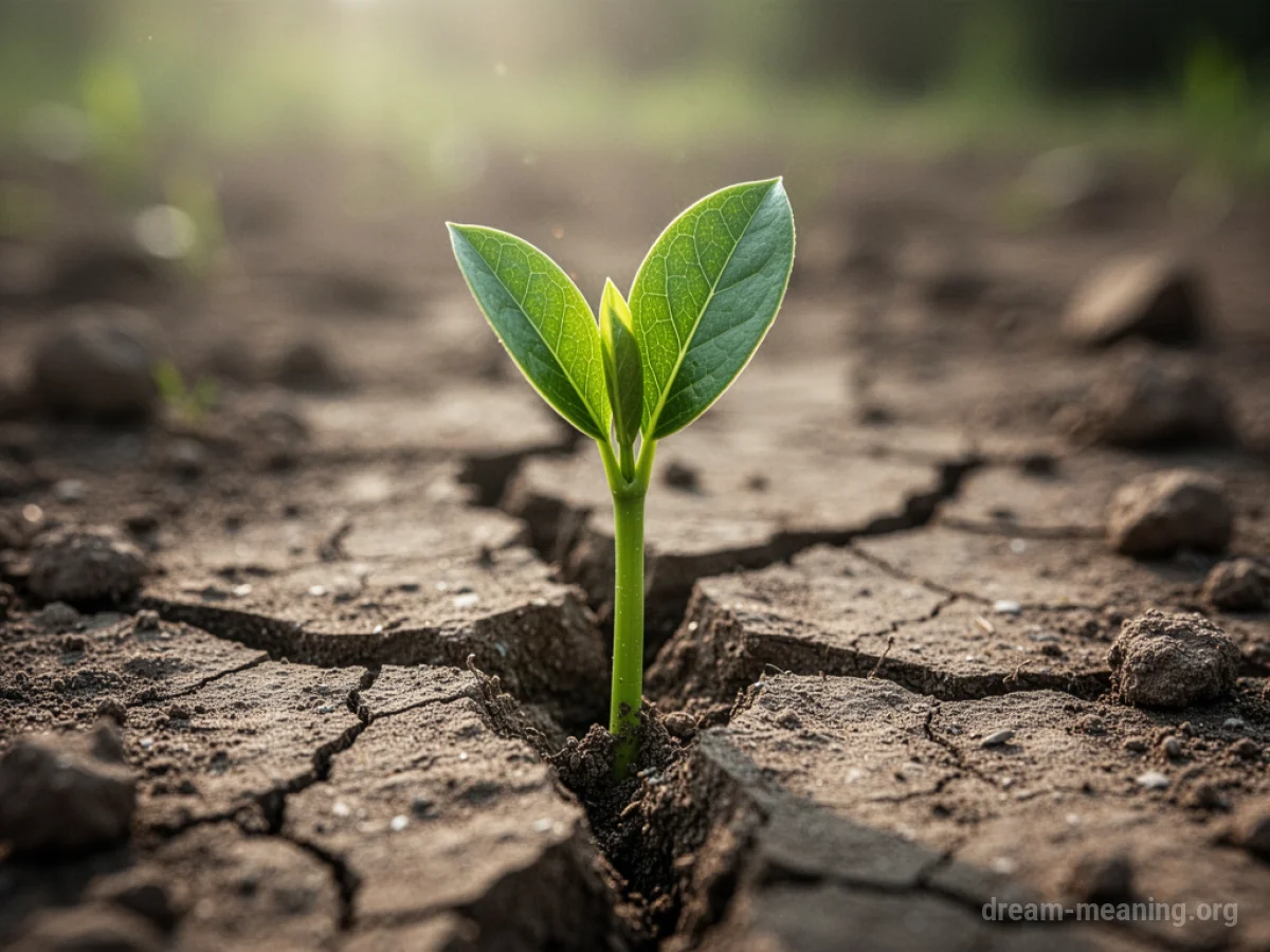 A green sprout emerging from dry, cracked soil.
