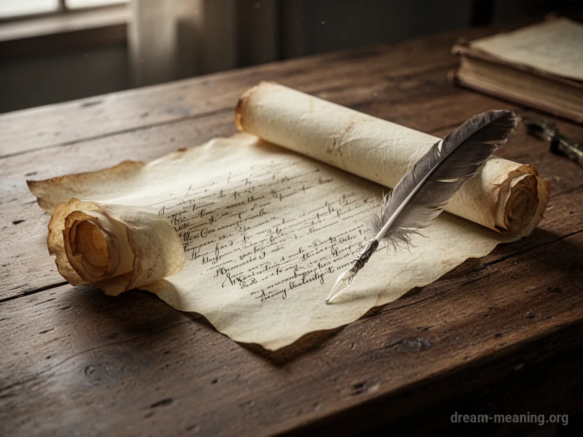 A parchment scroll and a quill pen on a desk.