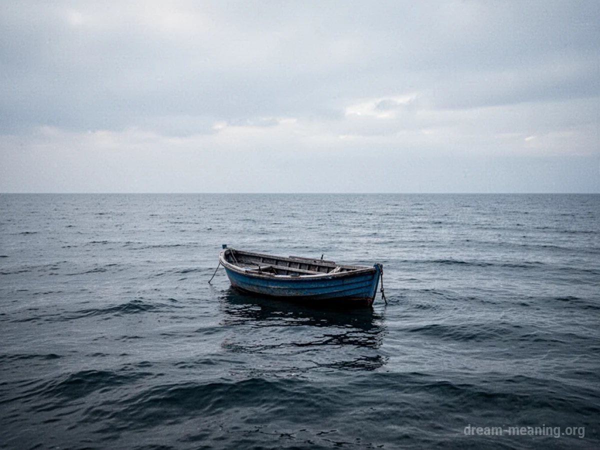 A small rowboat floating on a calm, empty ocean.