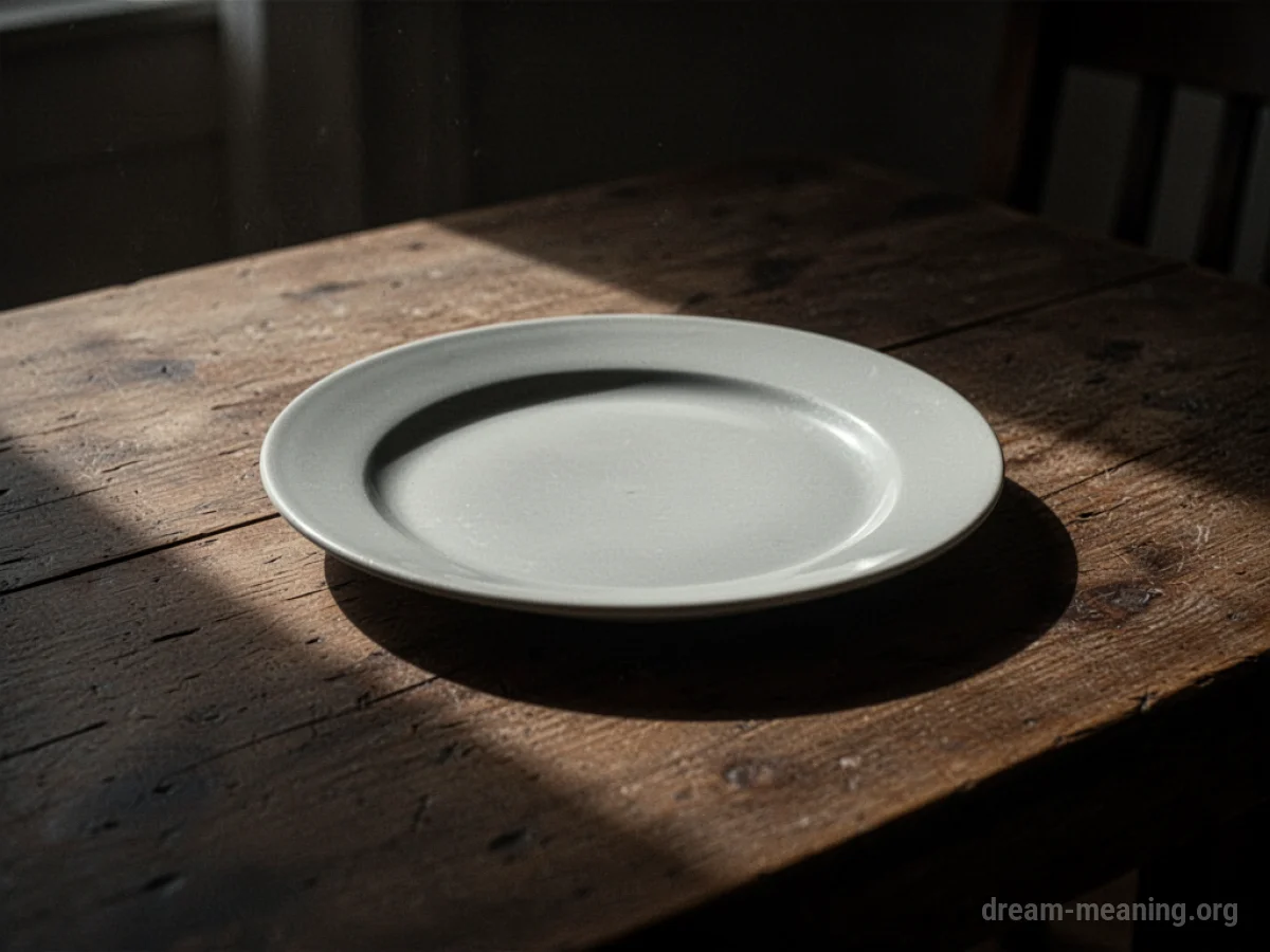 An empty plate on a table with a shadow.